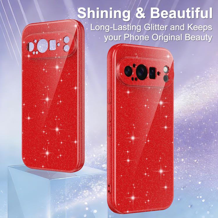 For Google Pixel 9 Pro Fine Hole Glossy Glitter Magnetic TPU Phone Case with Same Color Hand Strap