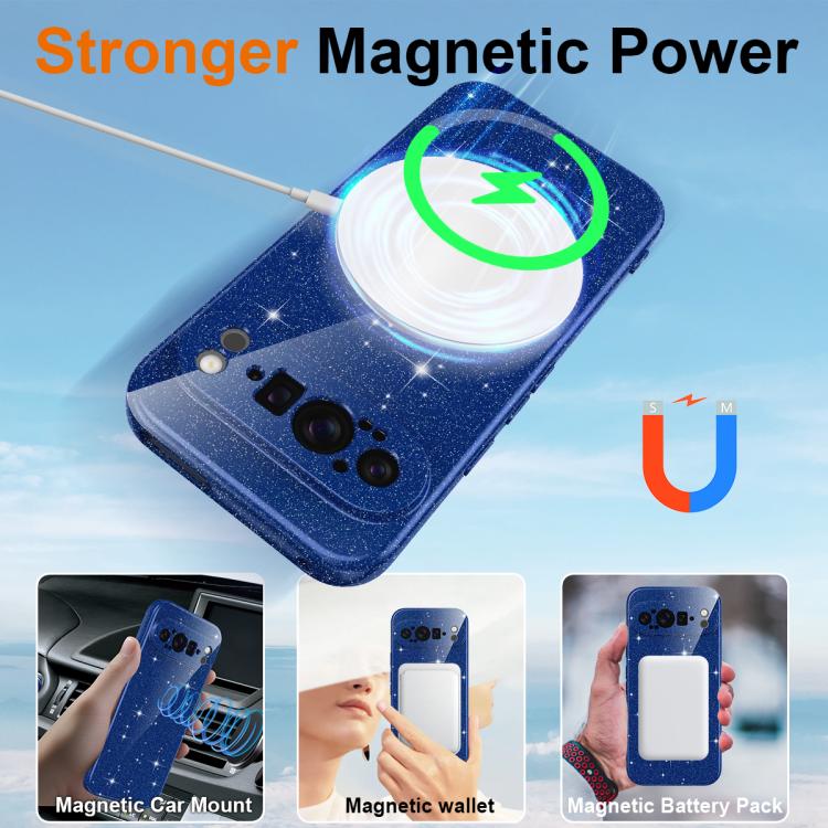 For Google Pixel 9 Pro Fine Hole Glossy Glitter Magnetic TPU Phone Case with Same Color Hand Strap