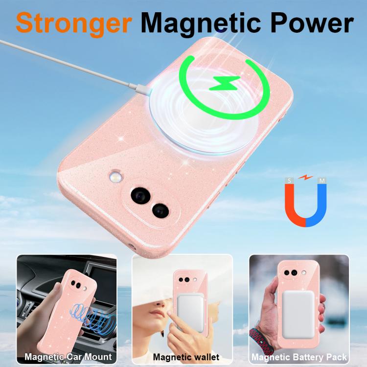 For Google Pixel 10a Fine Hole Glossy Glitter Magnetic TPU Phone Case with Same Color Hand Strap