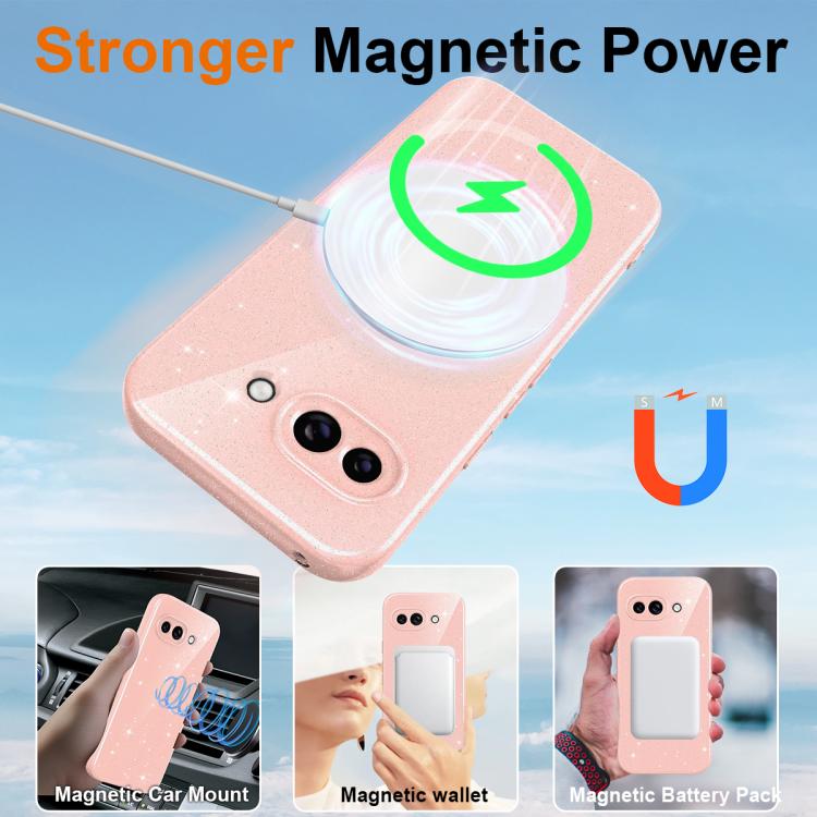 For Google Pixel 9a Fine Hole Glossy Glitter Magnetic TPU Phone Case with Same Color Hand Strap