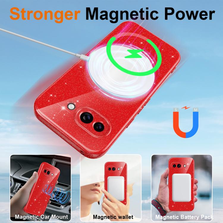For Google Pixel 9a Fine Hole Glossy Glitter Magnetic TPU Phone Case with Same Color Hand Strap