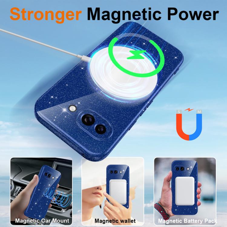 For Google Pixel 9a Fine Hole Glossy Glitter Magnetic TPU Phone Case with Same Color Hand Strap
