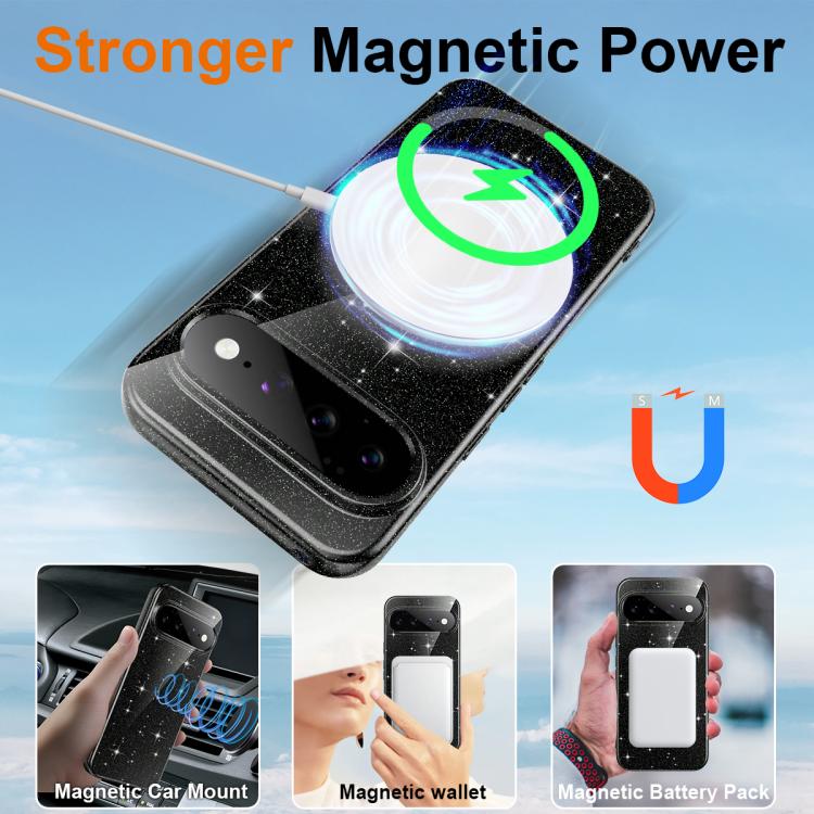 For Google Pixel 11 Fine Hole Glossy Glitter Magnetic TPU Phone Case with Same Color Hand Strap