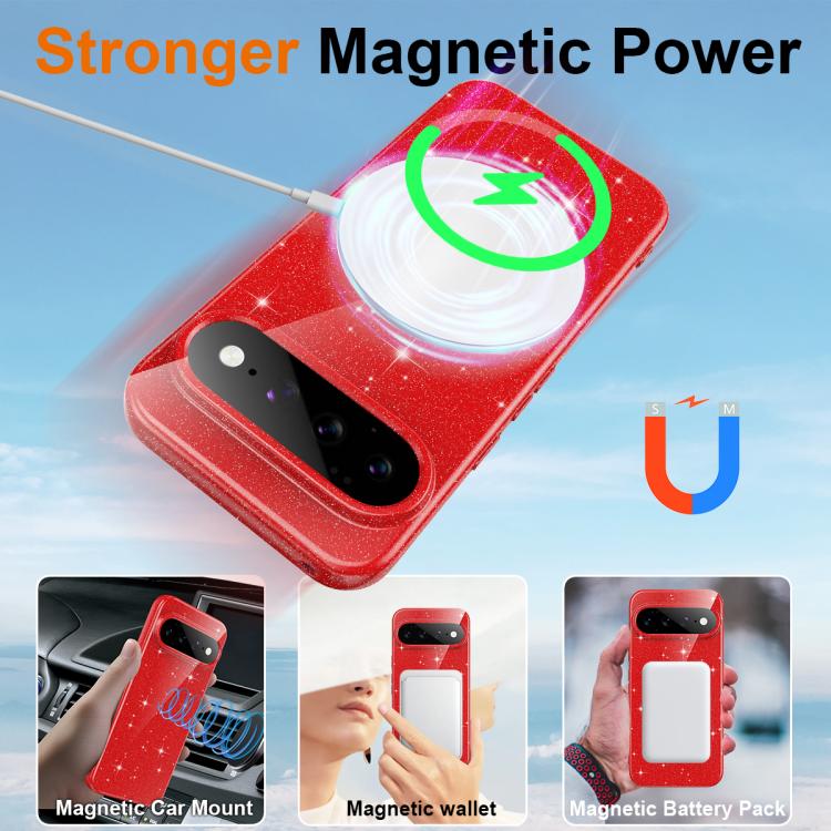 For Google Pixel 11 Fine Hole Glossy Glitter Magnetic TPU Phone Case with Same Color Hand Strap