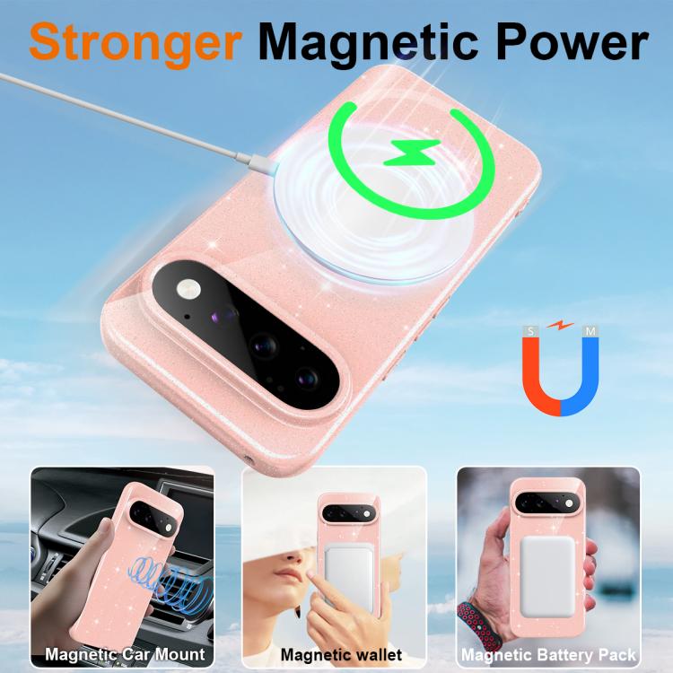 For Google Pixel 11 Pro Fine Hole Glossy Glitter Magnetic TPU Phone Case with Same Color Hand Strap