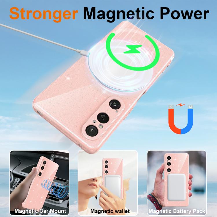 For Sony Xperia 1 VI Fine Hole Glossy Glitter Magnetic TPU Phone Case with Same Color Hand Strap