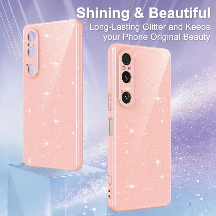 For Sony Xperia 1 VI Fine Hole Glossy Glitter Magnetic TPU Phone Case with Same Color Hand Strap