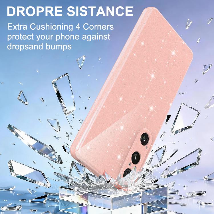 For Sony Xperia 1 VI Fine Hole Glossy Glitter Magnetic TPU Phone Case with Same Color Hand Strap