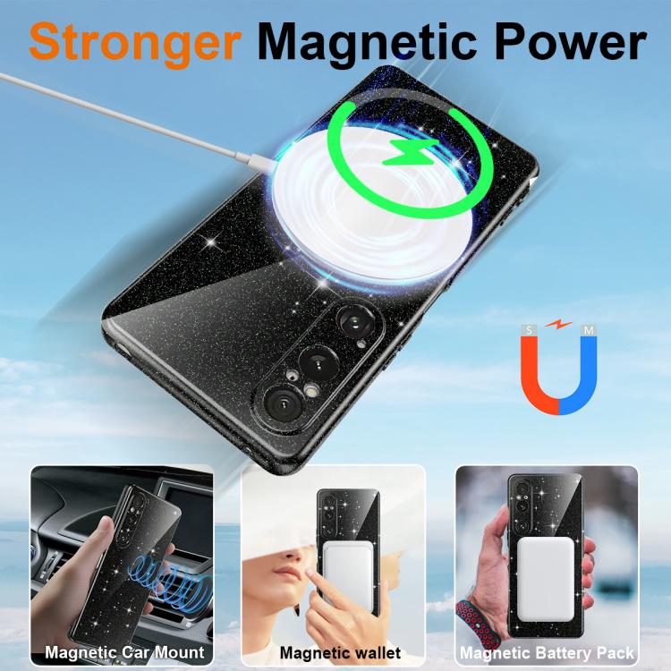 For Sony Xperia 1 VI Fine Hole Glossy Glitter Magnetic TPU Phone Case with Same Color Hand Strap