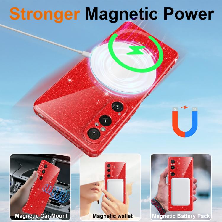 For Sony Xperia 1 VI Fine Hole Glossy Glitter Magnetic TPU Phone Case with Same Color Hand Strap