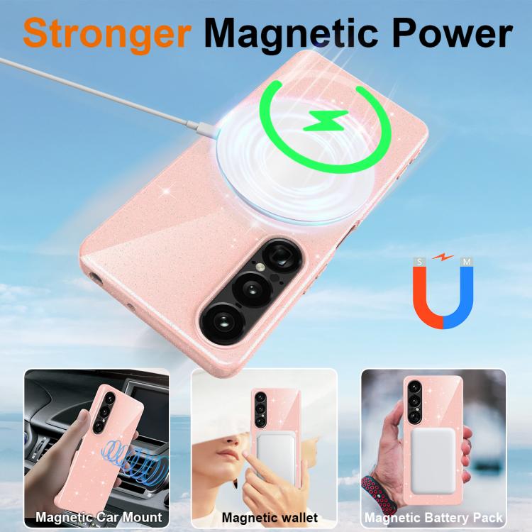 For Sony Xperia 1 VII Fine Hole Glossy Glitter Magnetic TPU Phone Case with Same Color Hand Strap