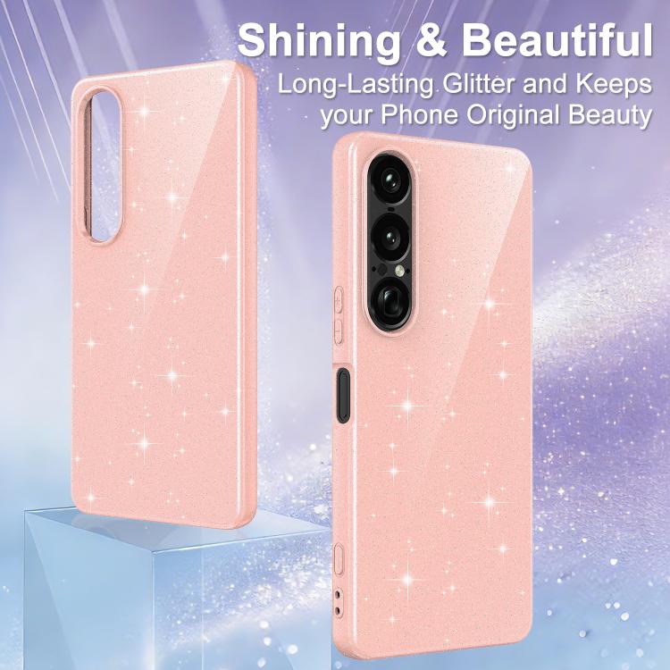 For Sony Xperia 1 VII Fine Hole Glossy Glitter Magnetic TPU Phone Case with Same Color Hand Strap
