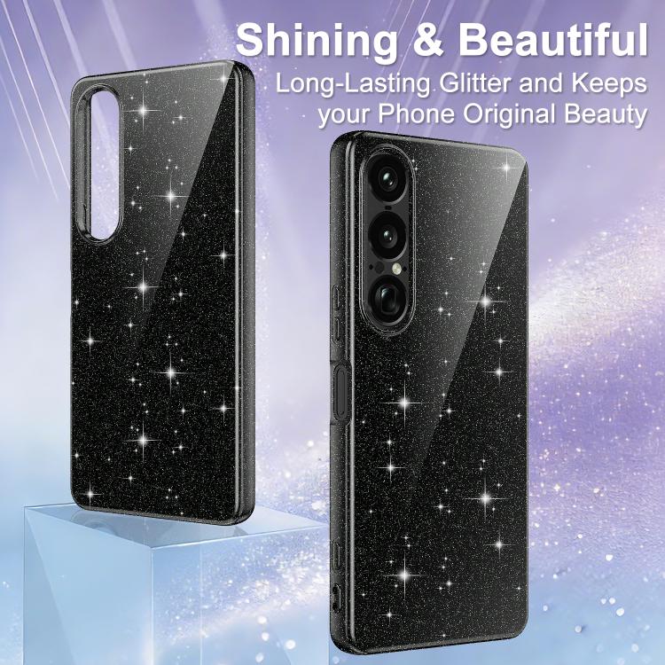 For Sony Xperia 1 VII Fine Hole Glossy Glitter Magnetic TPU Phone Case with Same Color Hand Strap