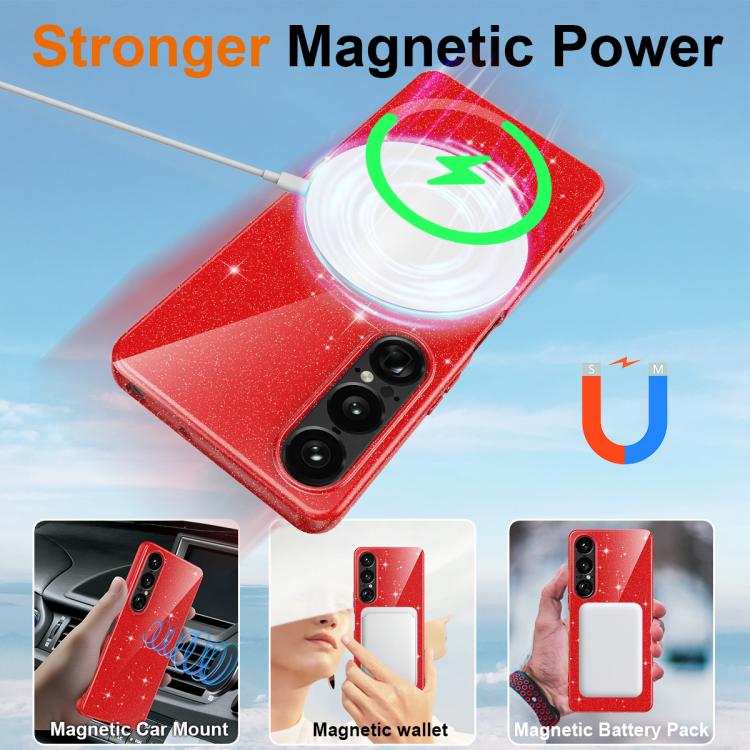For Sony Xperia 1 VII Fine Hole Glossy Glitter Magnetic TPU Phone Case with Same Color Hand Strap