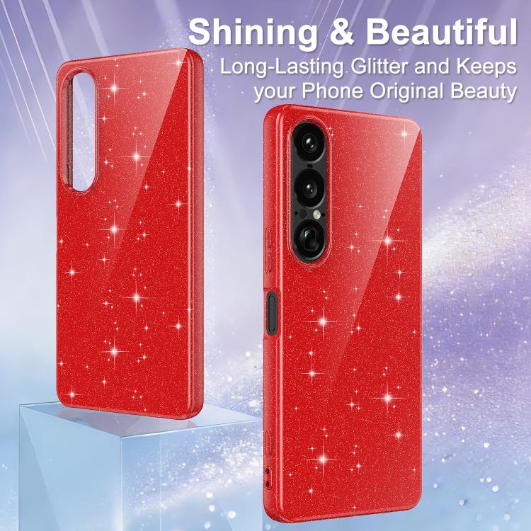 For Sony Xperia 1 VII Fine Hole Glossy Glitter Magnetic TPU Phone Case with Same Color Hand Strap