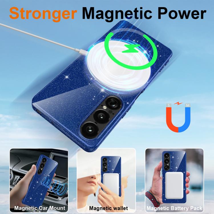 For Sony Xperia 1 VII Fine Hole Glossy Glitter Magnetic TPU Phone Case with Same Color Hand Strap