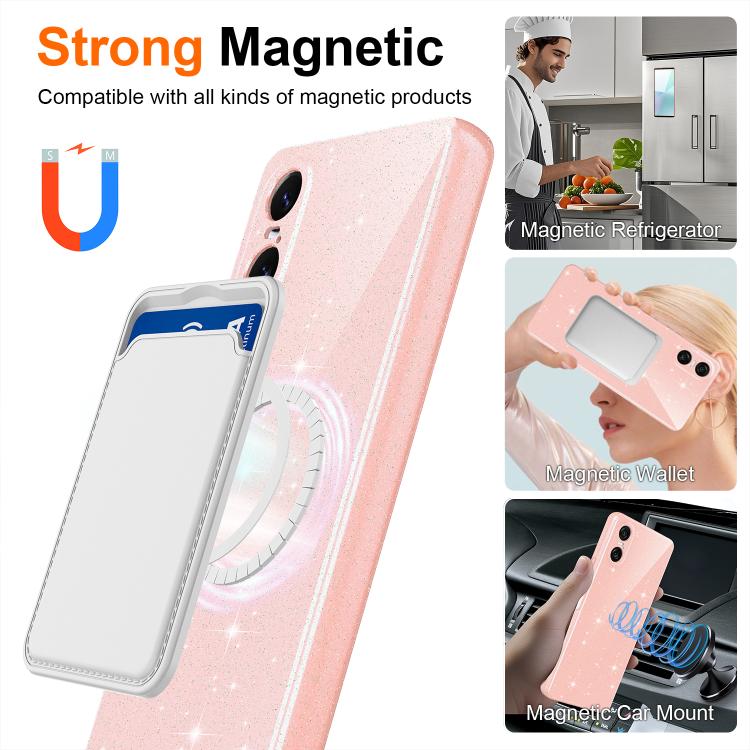 For Sony Xperia 10 VI Fine Hole Glossy Glitter Magnetic TPU Phone Case with Same Color Hand Strap