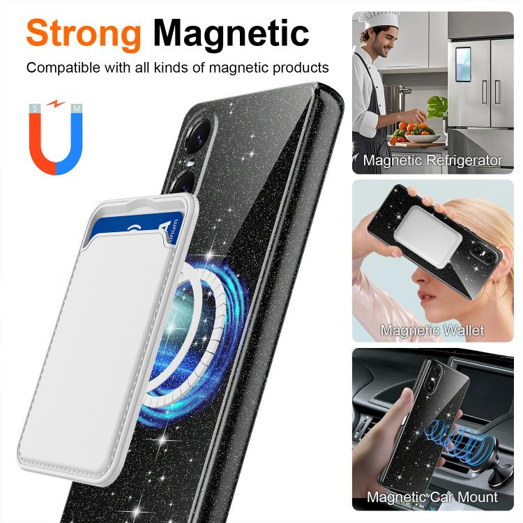 For Sony Xperia 10 VI Fine Hole Glossy Glitter Magnetic TPU Phone Case with Same Color Hand Strap