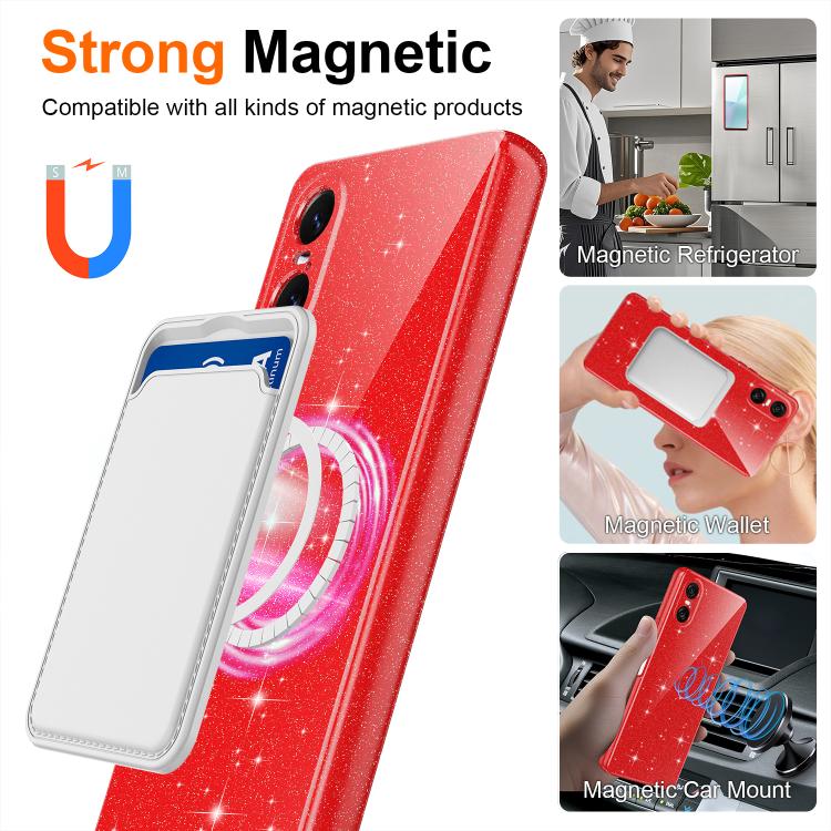 For Sony Xperia 10 VI Fine Hole Glossy Glitter Magnetic TPU Phone Case with Same Color Hand Strap