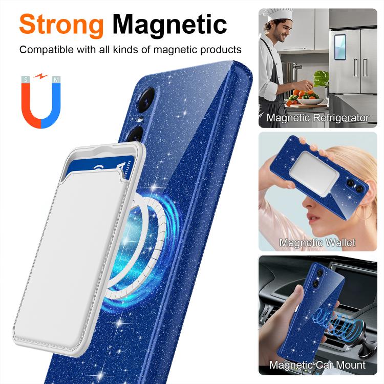 For Sony Xperia 10 VI Fine Hole Glossy Glitter Magnetic TPU Phone Case with Same Color Hand Strap