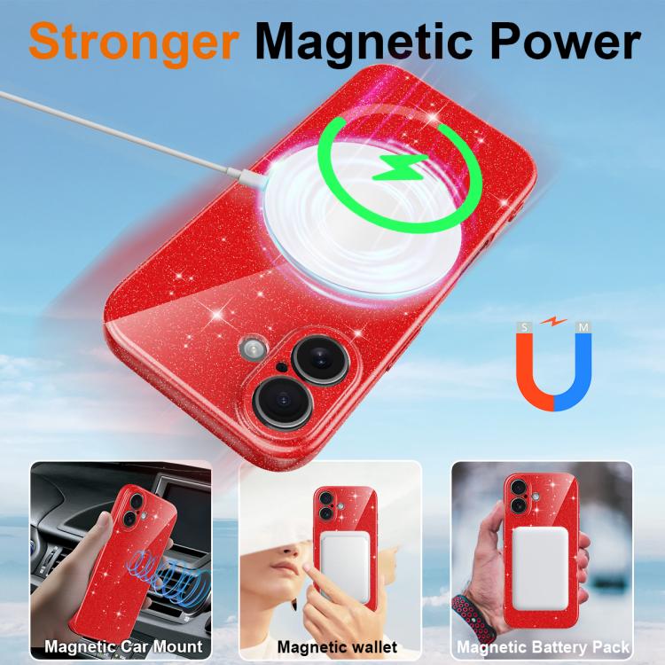For iPhone 16 Plus Fine Hole Glossy Glitter Magnetic TPU Phone Case with Same Color Hand Strap