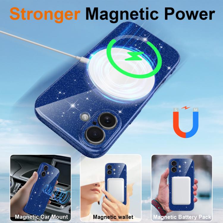 For iPhone 16 Plus Fine Hole Glossy Glitter Magnetic TPU Phone Case with Same Color Hand Strap