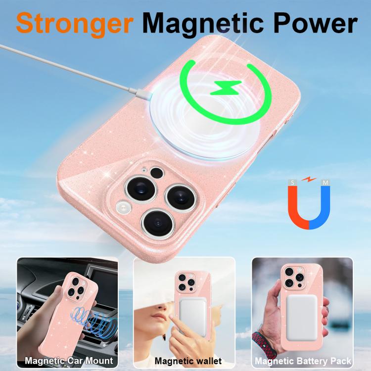 For iPhone 16 Pro Max Fine Hole Glossy Glitter Magnetic TPU Phone Case with Same Color Hand Strap