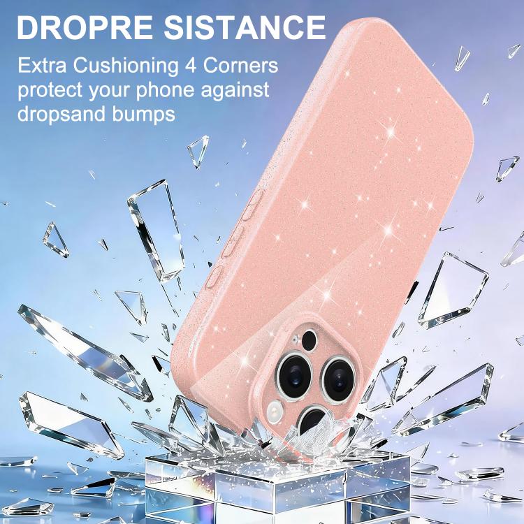 For iPhone 16 Pro Max Fine Hole Glossy Glitter Magnetic TPU Phone Case with Same Color Hand Strap