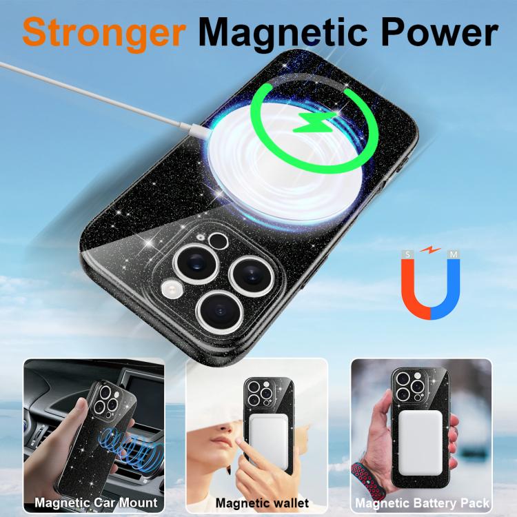 For iPhone 16 Pro Max Fine Hole Glossy Glitter Magnetic TPU Phone Case with Same Color Hand Strap