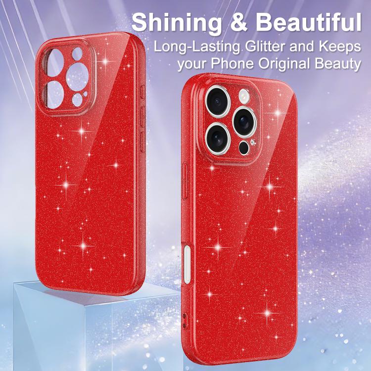 For iPhone 16 Pro Max Fine Hole Glossy Glitter Magnetic TPU Phone Case with Same Color Hand Strap