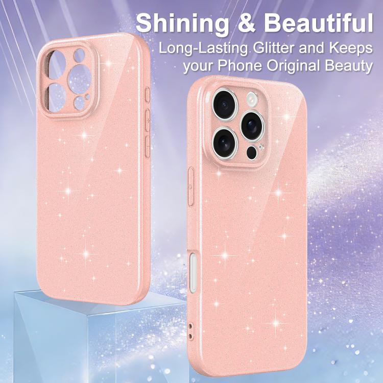 For iPhone 16 Pro Fine Hole Glossy Glitter Magnetic TPU Phone Case with Same Color Hand Strap