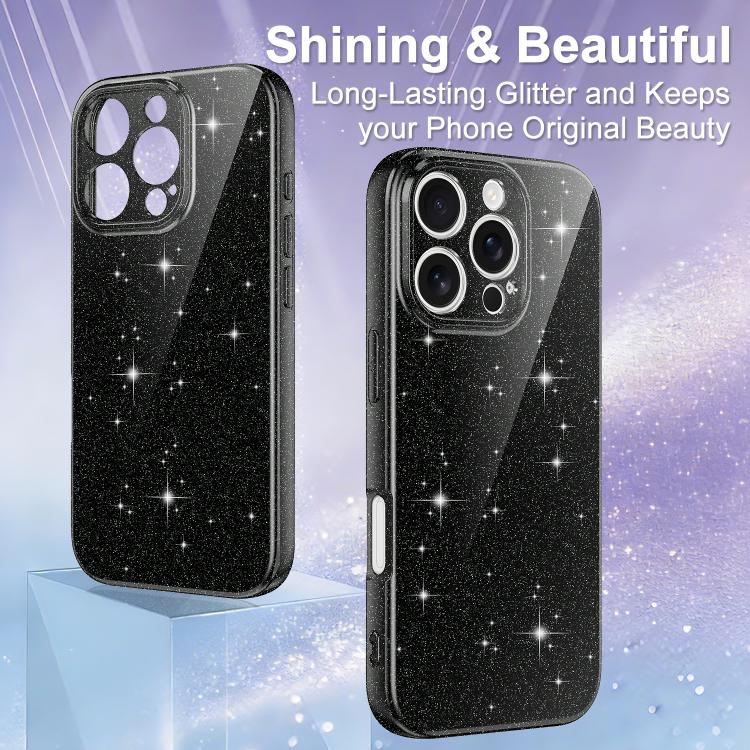For iPhone 16 Pro Fine Hole Glossy Glitter Magnetic TPU Phone Case with Same Color Hand Strap
