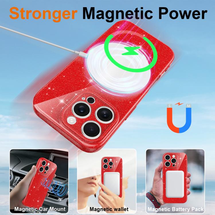 For iPhone 16 Pro Fine Hole Glossy Glitter Magnetic TPU Phone Case with Same Color Hand Strap