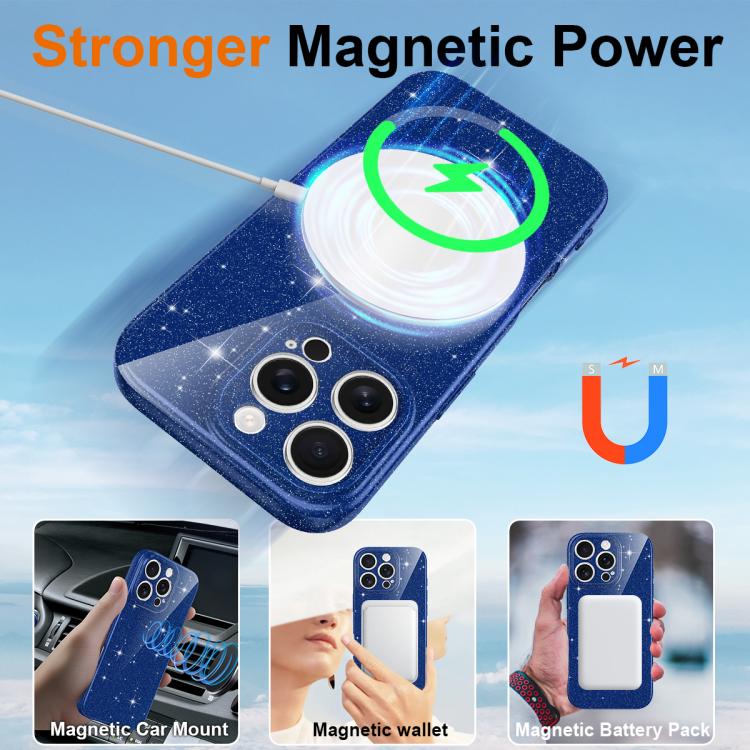 For iPhone 16 Pro Fine Hole Glossy Glitter Magnetic TPU Phone Case with Same Color Hand Strap