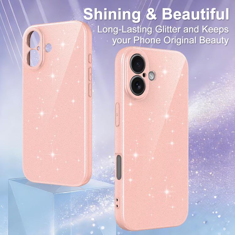 For iPhone 16 Fine Hole Glossy Glitter Magnetic TPU Phone Case with Same Color Hand Strap