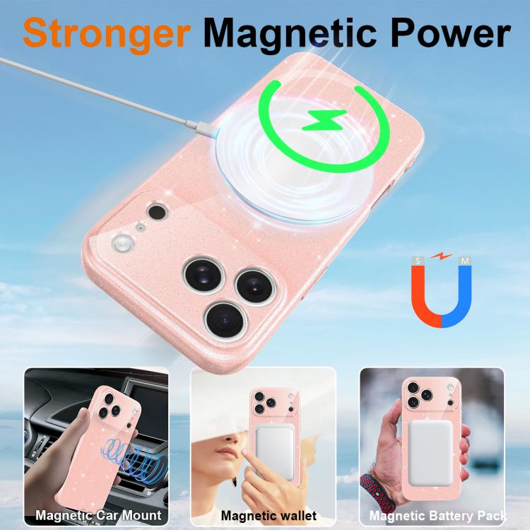 For iPhone 17 Pro Max Fine Hole Glossy Glitter Magnetic TPU Phone Case with Same Color Hand Strap