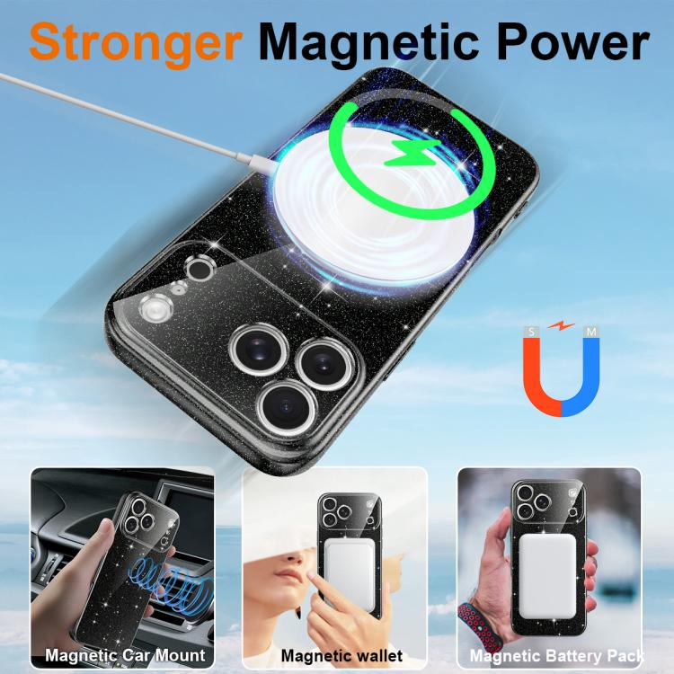 For iPhone 17 Pro Fine Hole Glossy Glitter Magnetic TPU Phone Case with Same Color Hand Strap