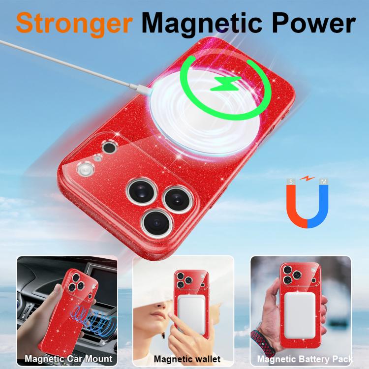 For iPhone 17 Pro Fine Hole Glossy Glitter Magnetic TPU Phone Case with Same Color Hand Strap