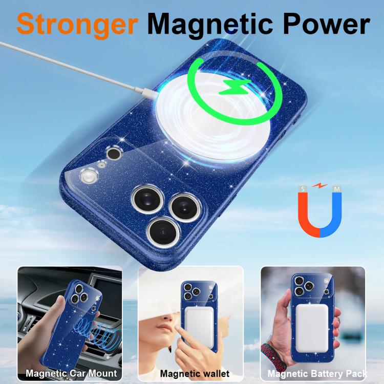 For iPhone 17 Pro Fine Hole Glossy Glitter Magnetic TPU Phone Case with Same Color Hand Strap
