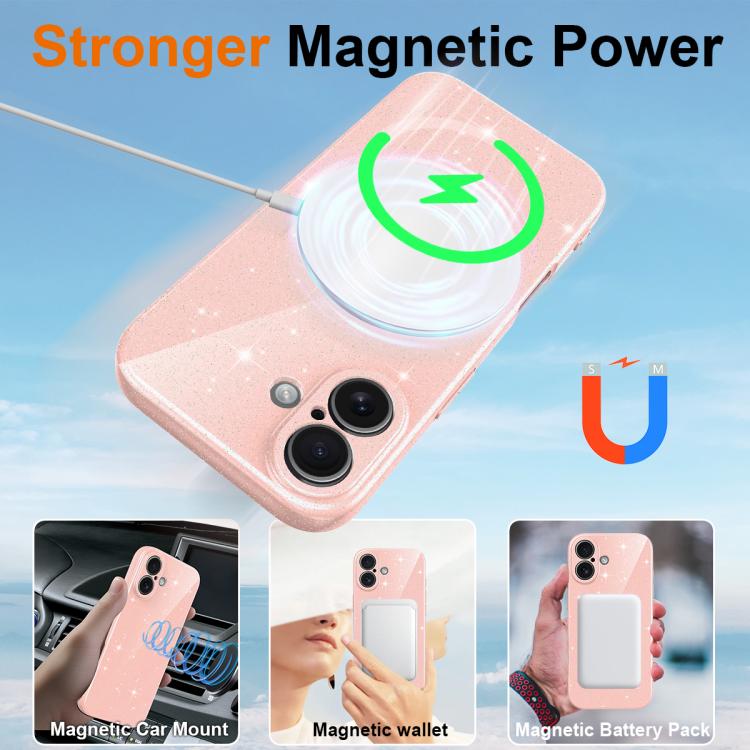 For iPhone 17 Fine Hole Glossy Glitter Magnetic TPU Phone Case with Same Color Hand Strap