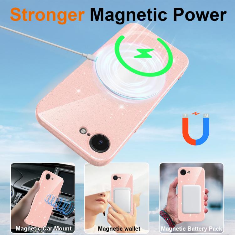 For iPhone 17e / 16e Fine Hole Glossy Glitter Magnetic TPU Phone Case with Same Color Hand Strap