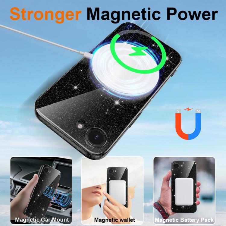 For iPhone 17e / 16e Fine Hole Glossy Glitter Magnetic TPU Phone Case with Same Color Hand Strap