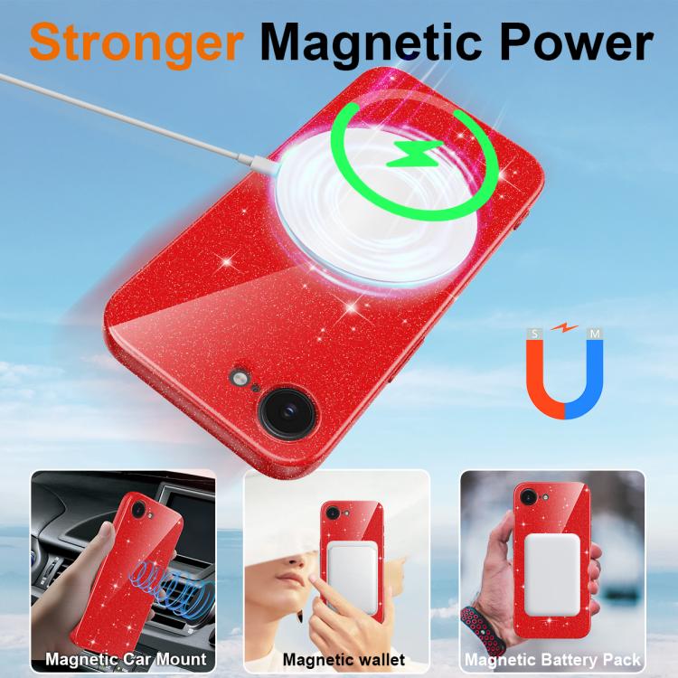 For iPhone 17e / 16e Fine Hole Glossy Glitter Magnetic TPU Phone Case with Same Color Hand Strap