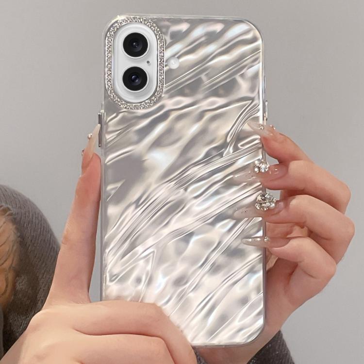 For iPhone 16 Rhinestone Lens Frame Wrinkled Design Phone Case