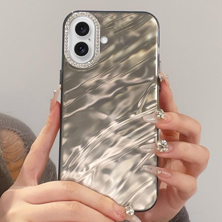 For iPhone 16 Rhinestone Lens Frame Wrinkled Design Phone Case