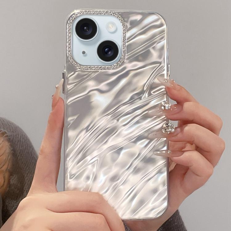 For iPhone 15 Rhinestone Lens Frame Wrinkled Design Phone Case