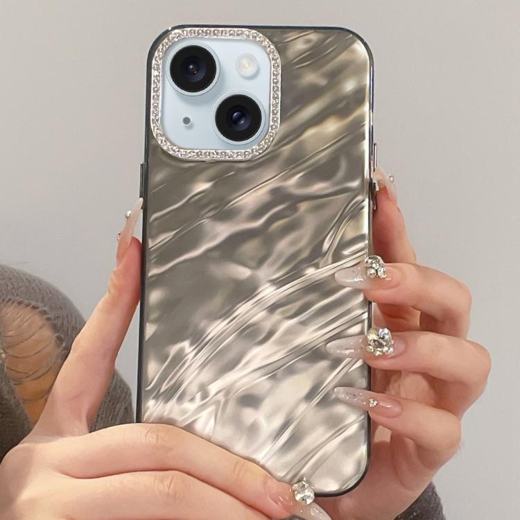 For iPhone 15 Rhinestone Lens Frame Wrinkled Design Phone Case