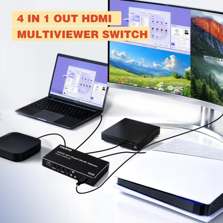 NK-BT41 4K 4 In 1 Out HDMI Quad Multi-Viewer Video Switcher With Remote Control - Black