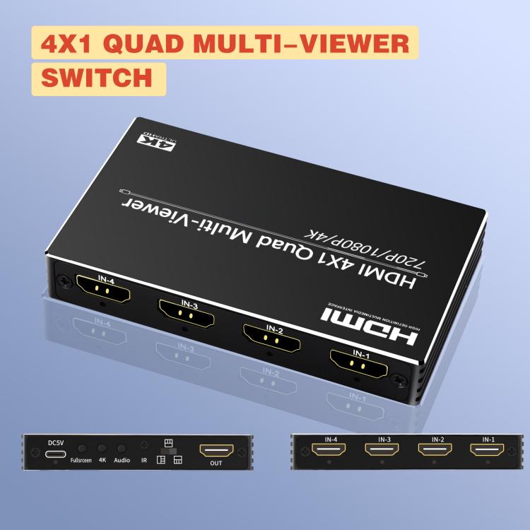 NK-BT41 4K 4 In 1 Out HDMI Quad Multi-Viewer Video Switcher With Remote Control - Black