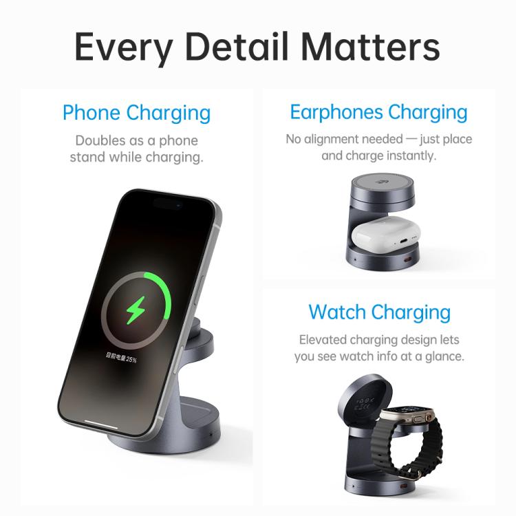 ROCK W56 3-in-1 Magnetic Wireless Charger with Qi2.2 25W - Dark Grey